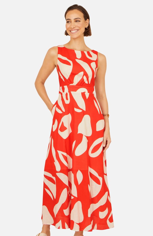 Yumi Yumi Women's Cotton Abstract Print Maxi Dress With Tie Back in Coral - 2