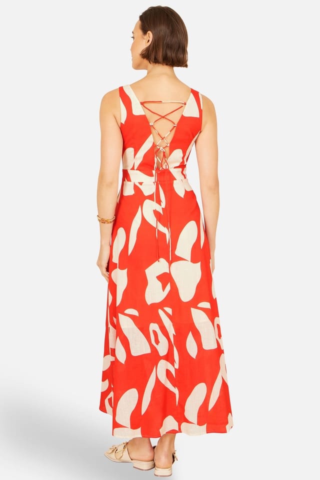Yumi Yumi Women's Cotton Abstract Print Maxi Dress With Tie Back in Coral - 3