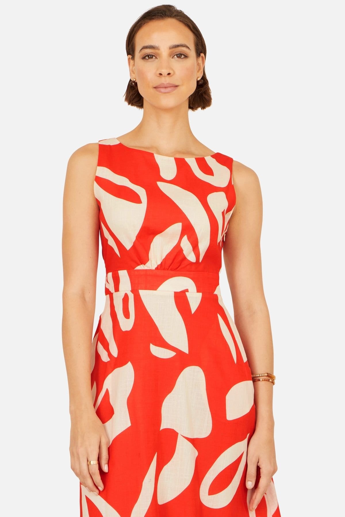 Yumi Yumi Women's Cotton Abstract Print Maxi Dress With Tie Back in Coral - 4