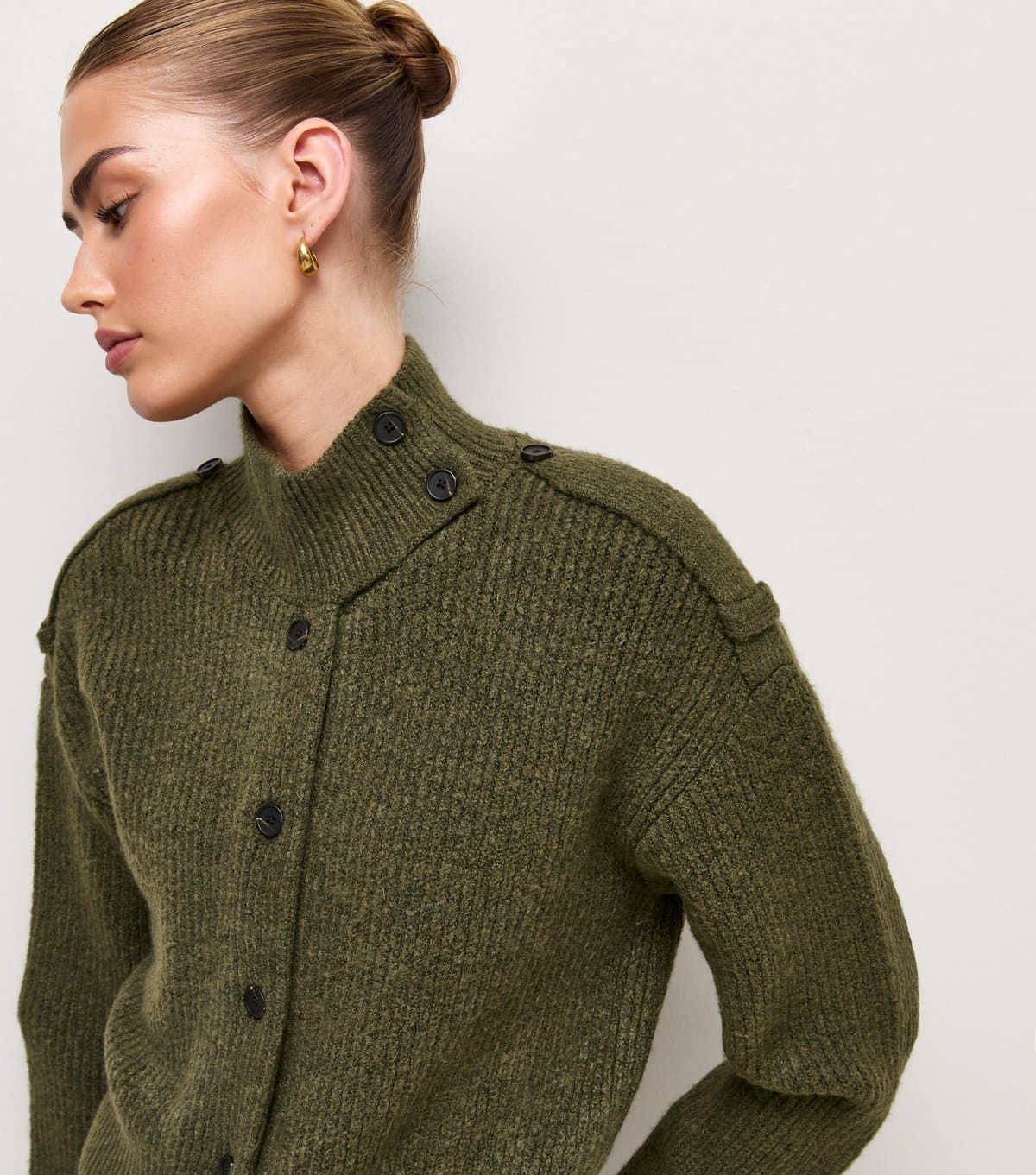 New Look Women's Dark Khaki Ribbed Knit Funnel Neck Cardigan New Look