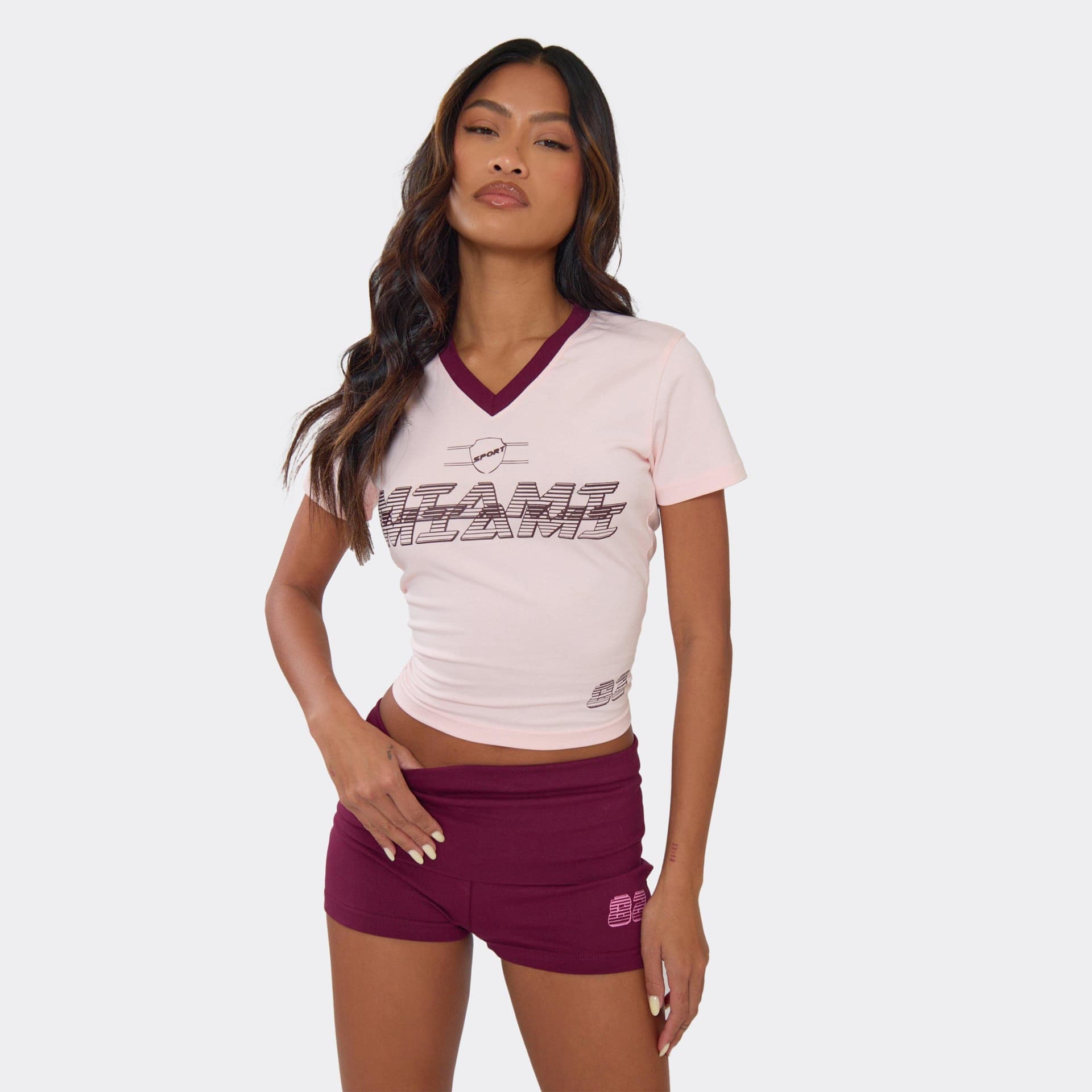 EGO Short Sleeve V Neck Graphic Detail Fitted Baby Tee In Pink, Women's Size UK 6