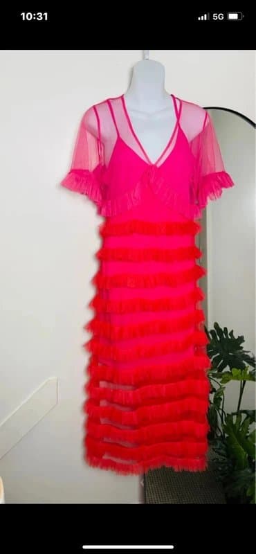 Never Fully Dressed Never Fully Dressed Kate dress featuring sheer red and pink ruffled tulle Size: 12