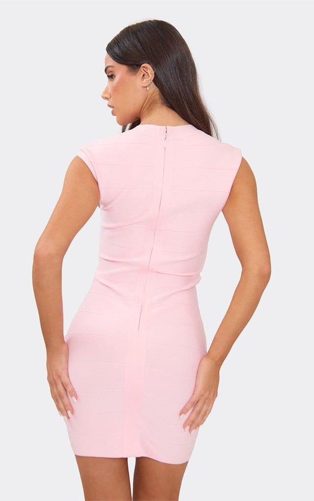 EGO Plunge Neck Mini Dress In Pink Bandage, Women's Size UK 6 - 2