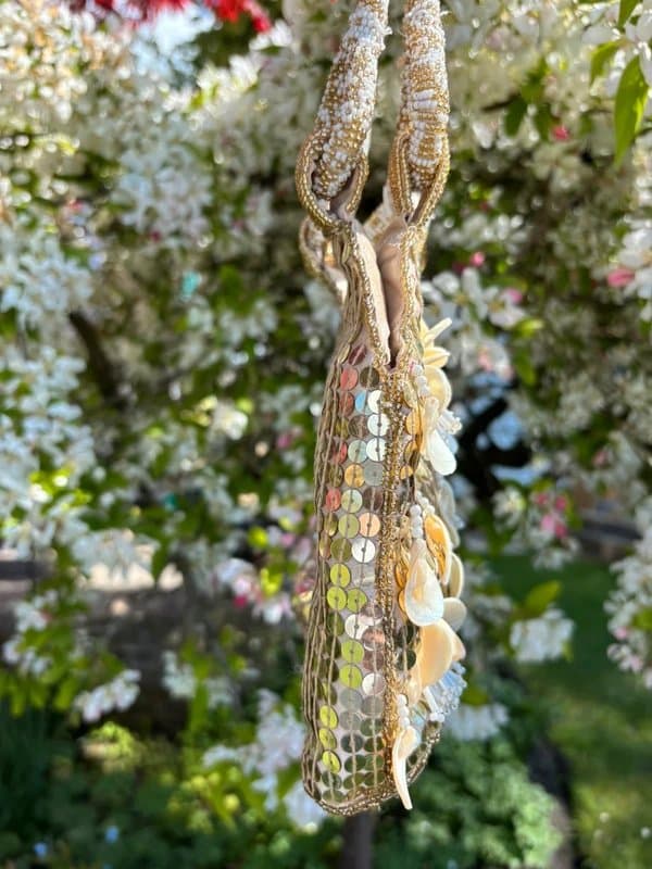 New Look Heavily embellished sequinned beaded gold cream shell detail bag from New Look