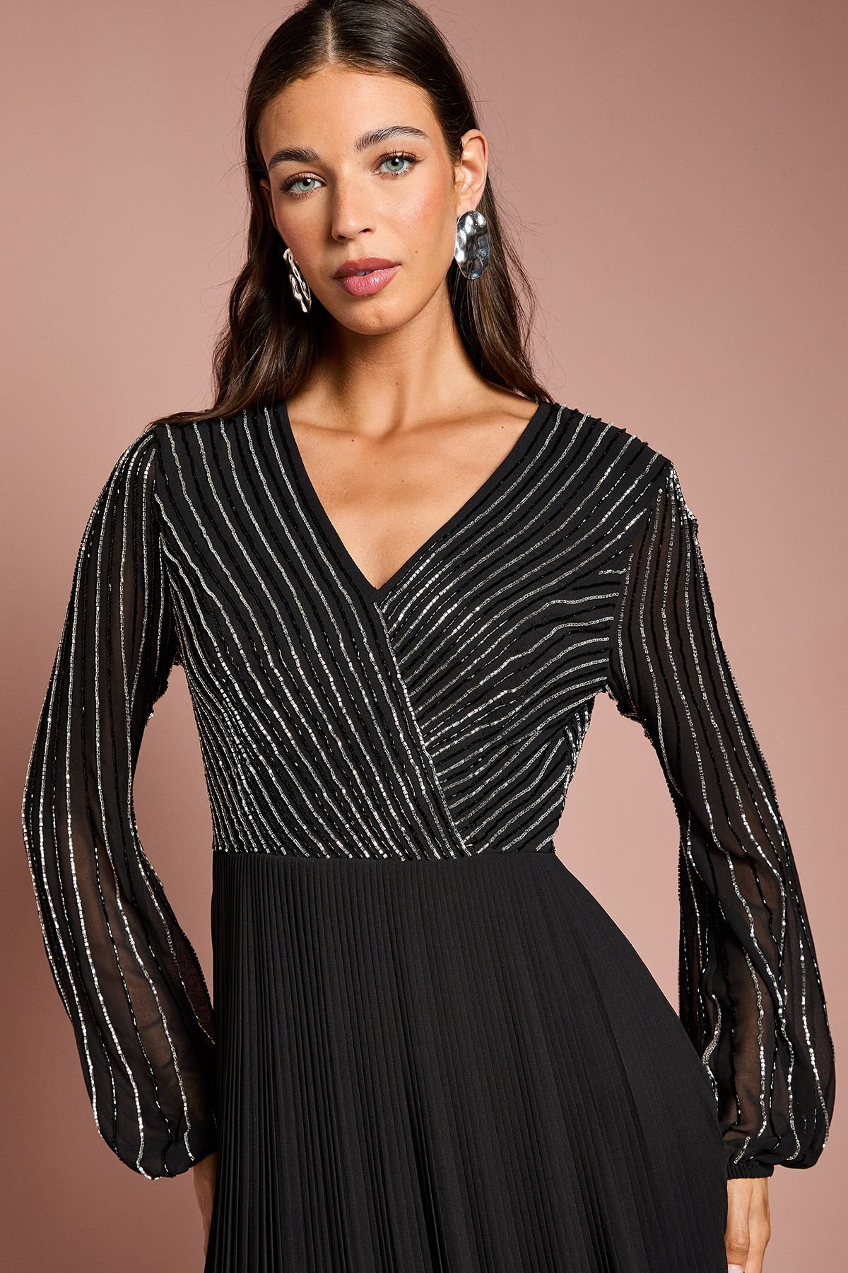 Coast Coast Women's Embellished Wrap Bodice Midi Dress With Pleated Skirt in Black - 4