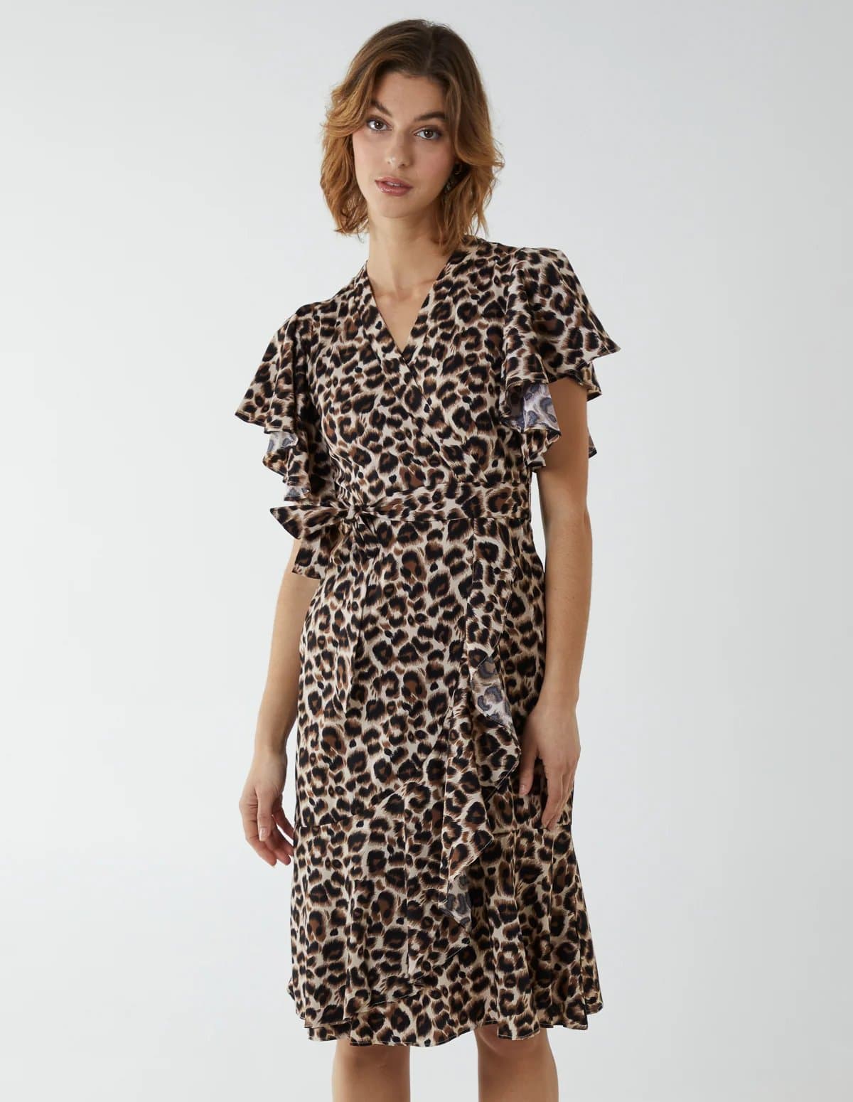 Blue Vanilla Leopard Print Wrap Ruffle Midi Dress