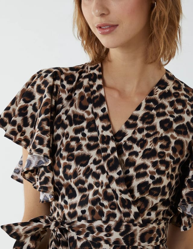 Blue Vanilla Leopard Print Wrap Ruffle Midi Dress - 2