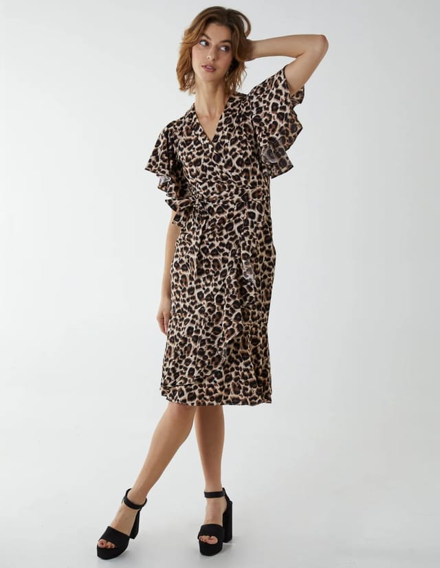 Blue Vanilla Leopard Print Wrap Ruffle Midi Dress - 3