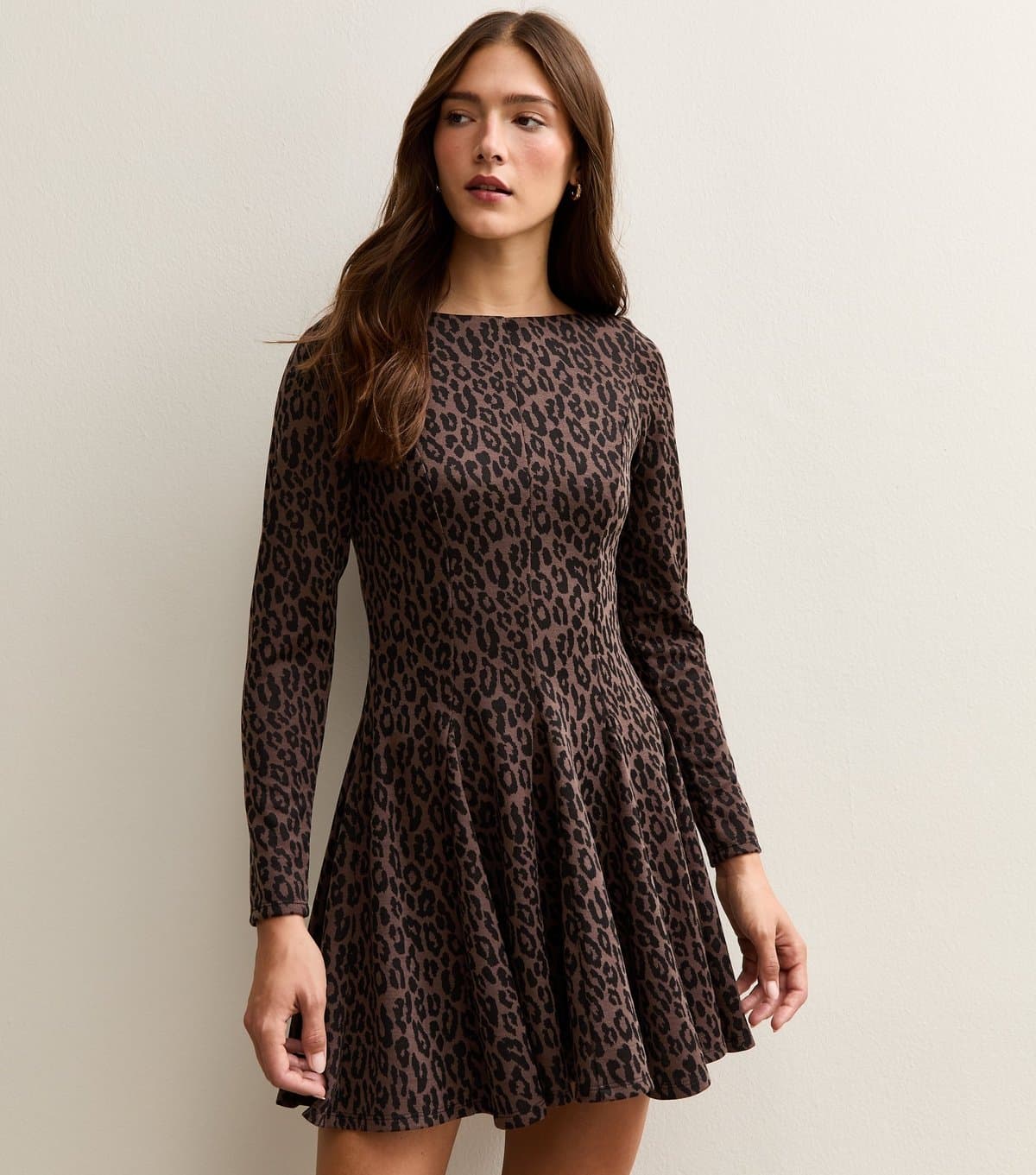 New Look Women's Brown Animal Pattern Long Sleeve Skater Mini Dress New Look