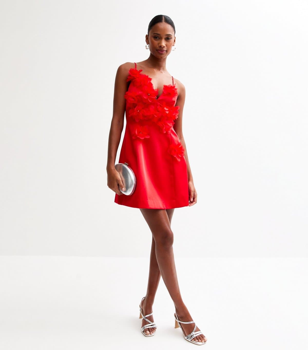 New Look Women's Red Floral Appliqued Satin Mini Dress New Look
