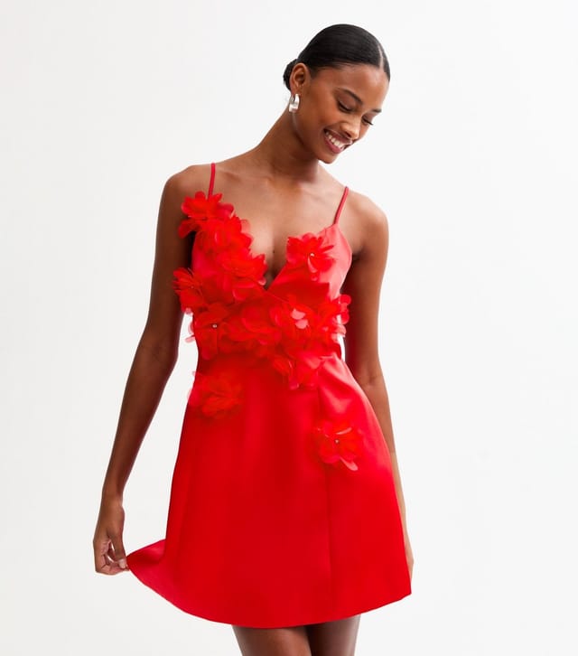 New Look Women's Red Floral Appliqued Satin Mini Dress New Look - 2
