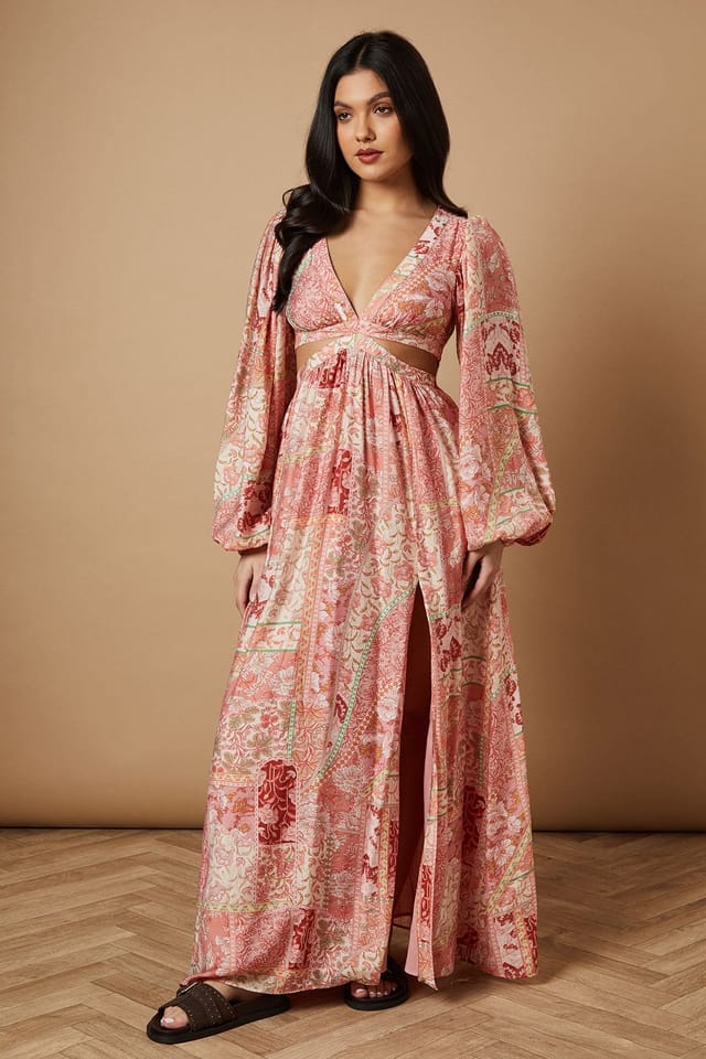 Oasis Oasis Women's Printed Long Sleeve Cut Out Side Detail Maxi Dress in Pink - 2