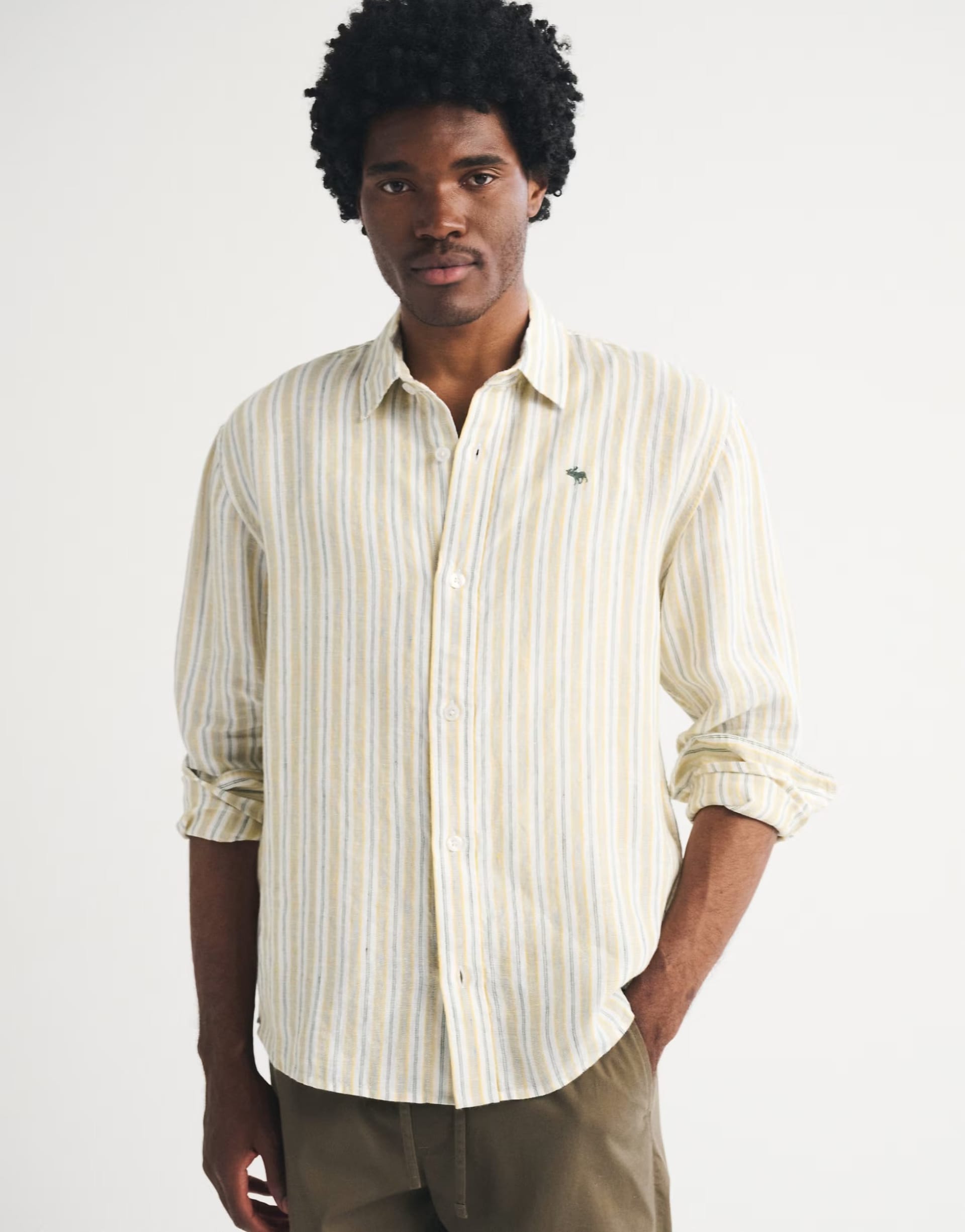 ASOS Blue Yellow Stripe 100% Linen Long Sleeve Shirt