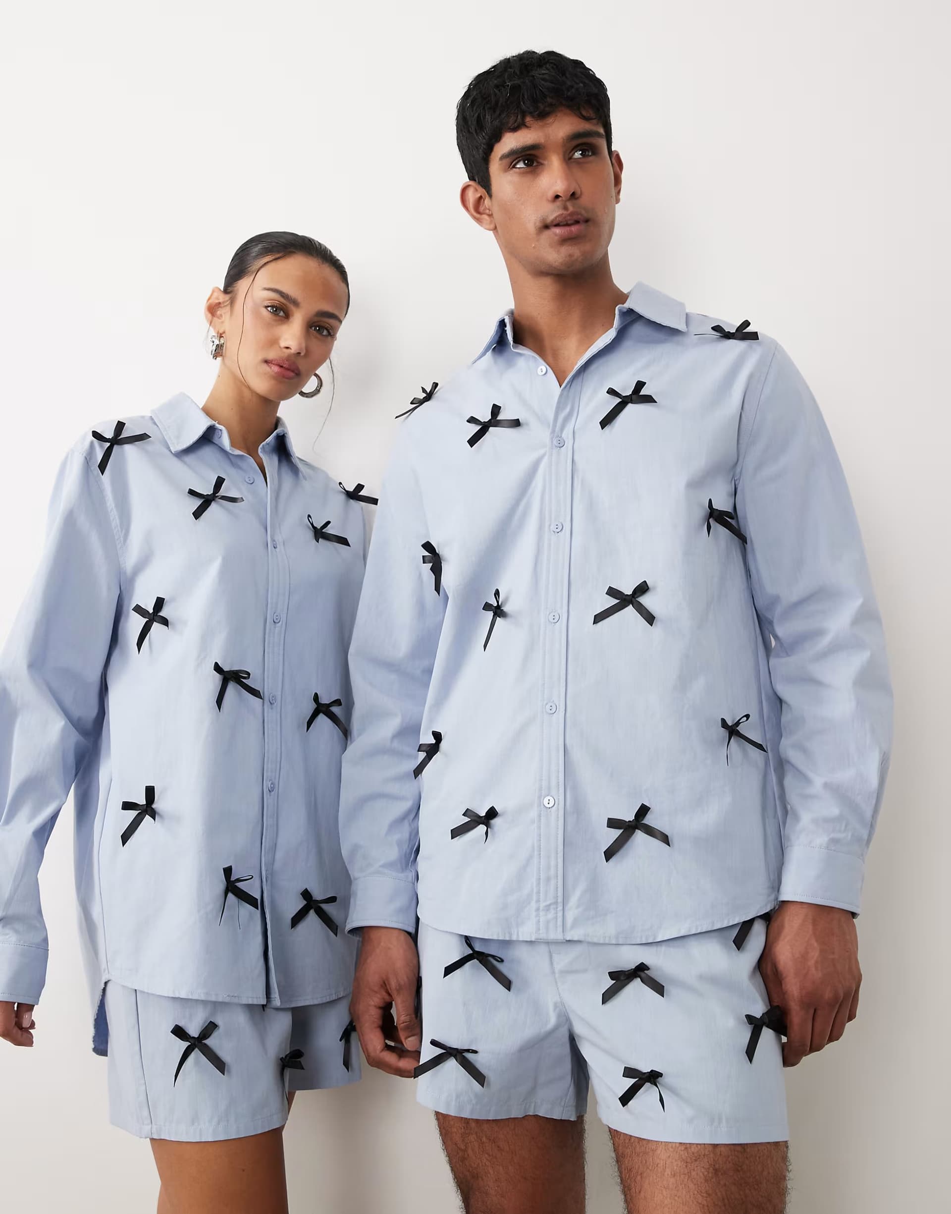 ASOS Sister Jane Unisex pure cotton bow detail shirt co-ord in blue pinstripe