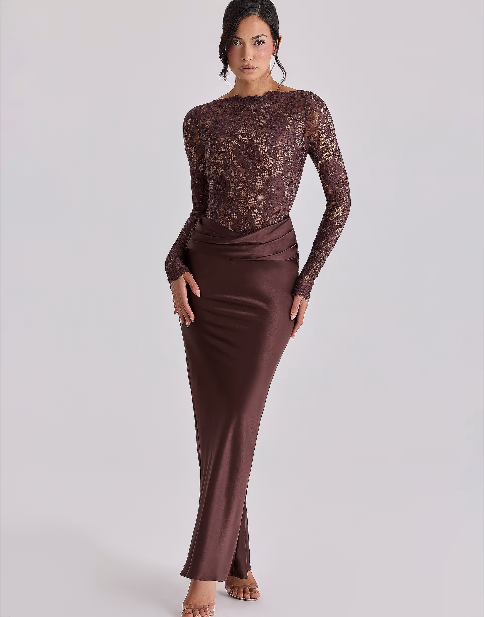 ASOS House of CB Yasmeen espresso brown lace + satin draped maxi dress in brown - 1