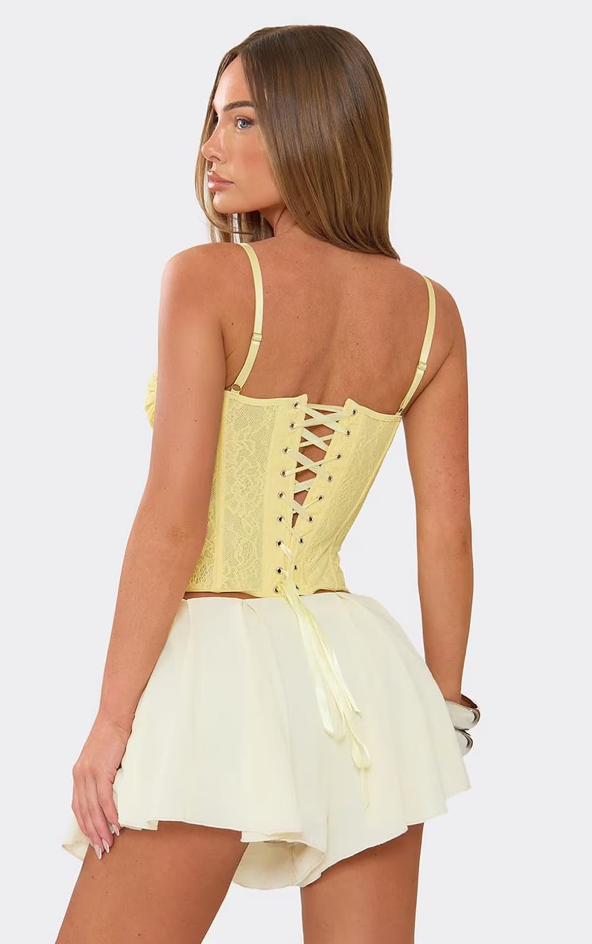 EGO Strappy Underwired Structured Corset Top In Lemon Lace, Women's Size UK 6