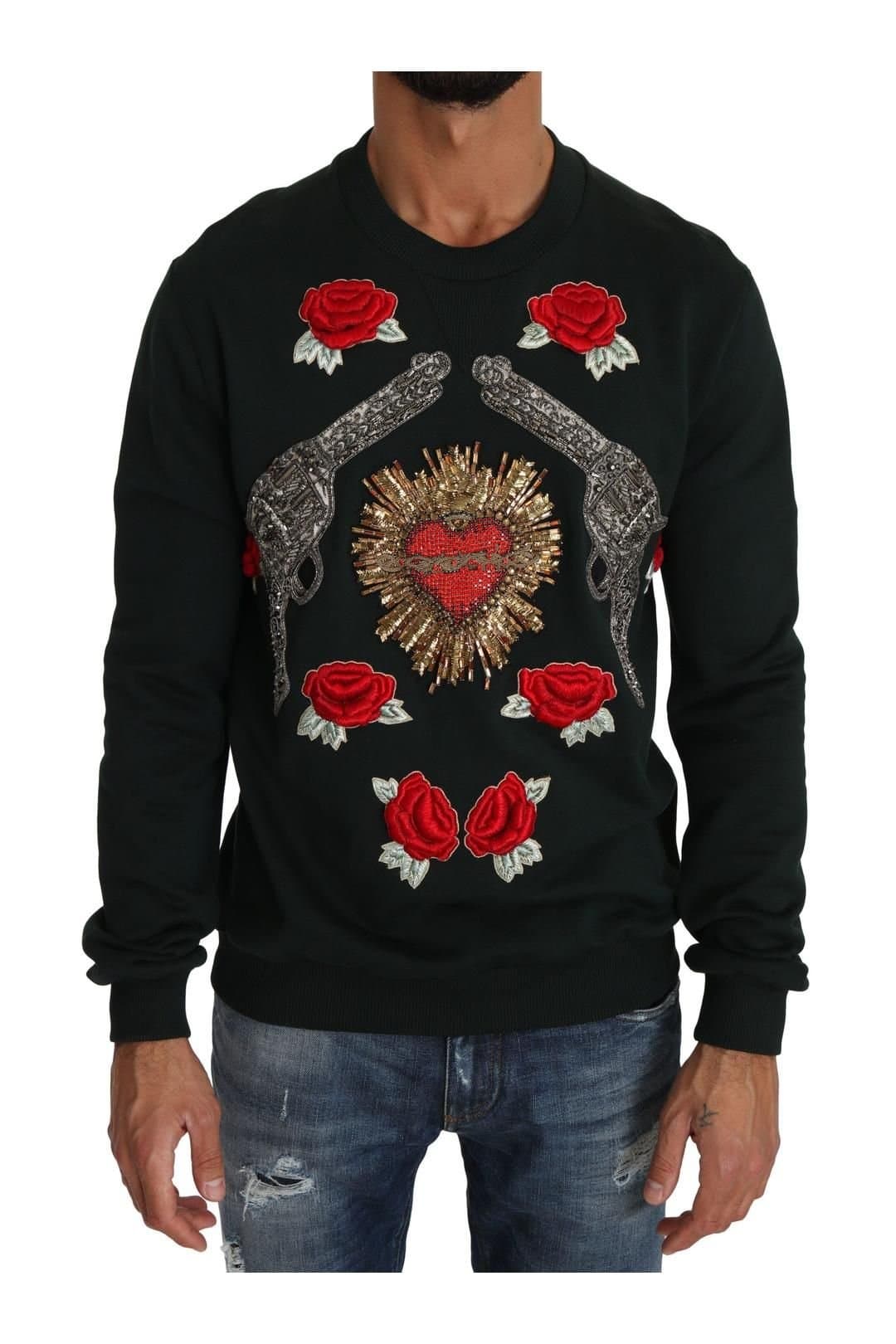 Dolce & Gabbana Dolce & Gabbana Men's Green Crystal Heart Roses Gun Sweater