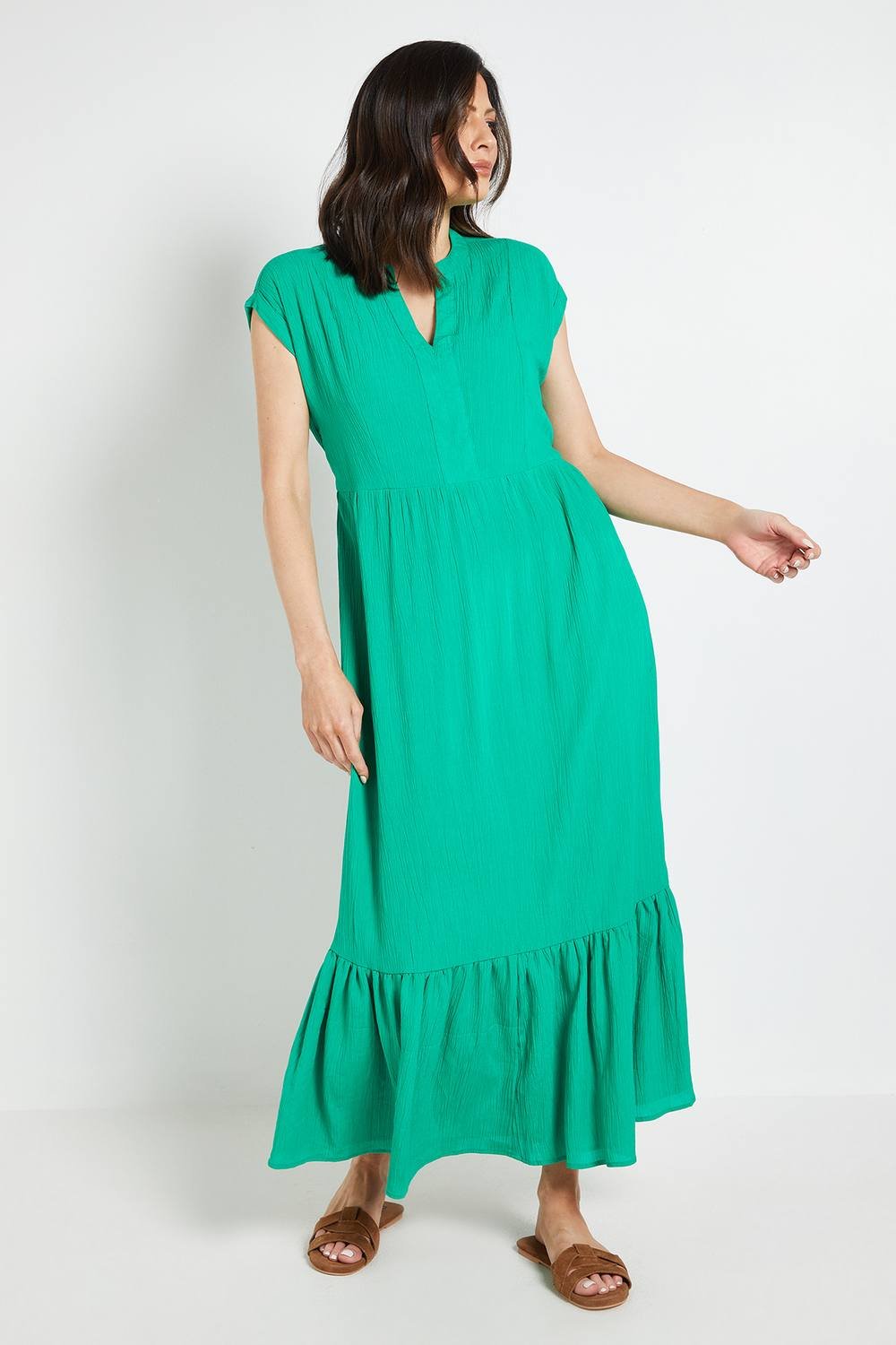 Wallis Wallis Women's Cheesecloth Collarless Maxi Dress in Green - 2