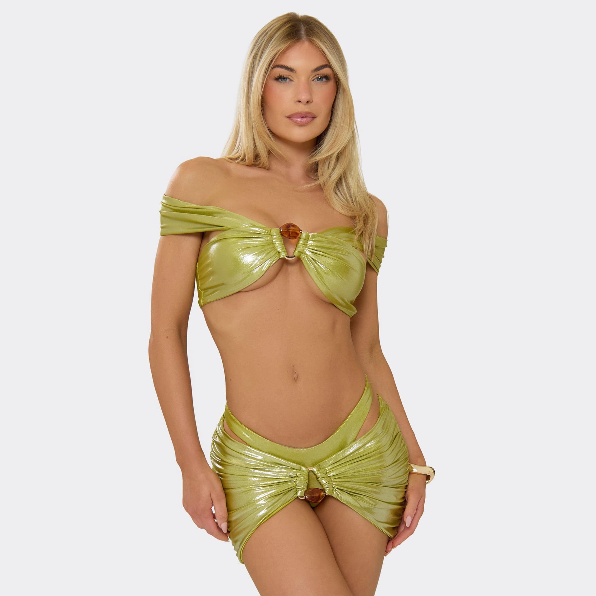 EGO Off The Shoulder Trim Detail Bikini Set In Green, Women's Size UK 6
