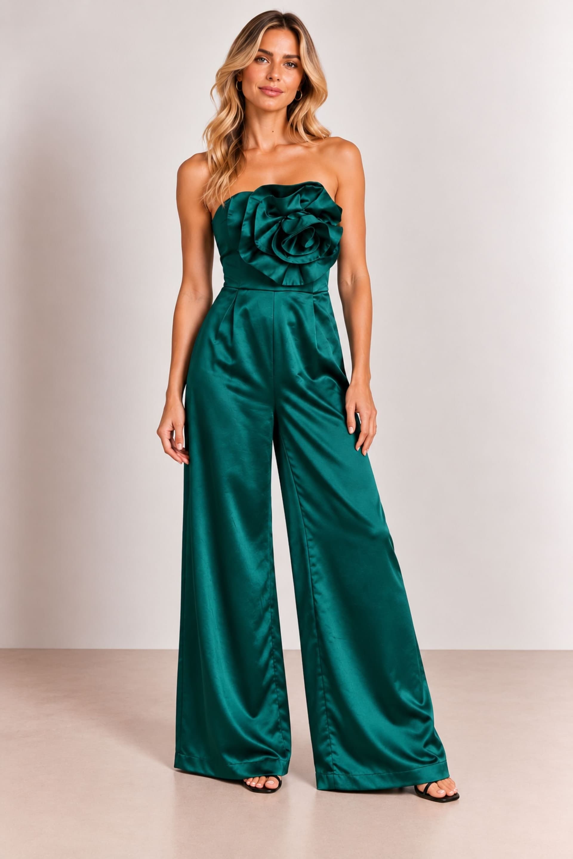 Style Cheat Style Cheat Women's Faye Bandeau Corsage Detail Wide Leg Jumpsuit / Emerald Green