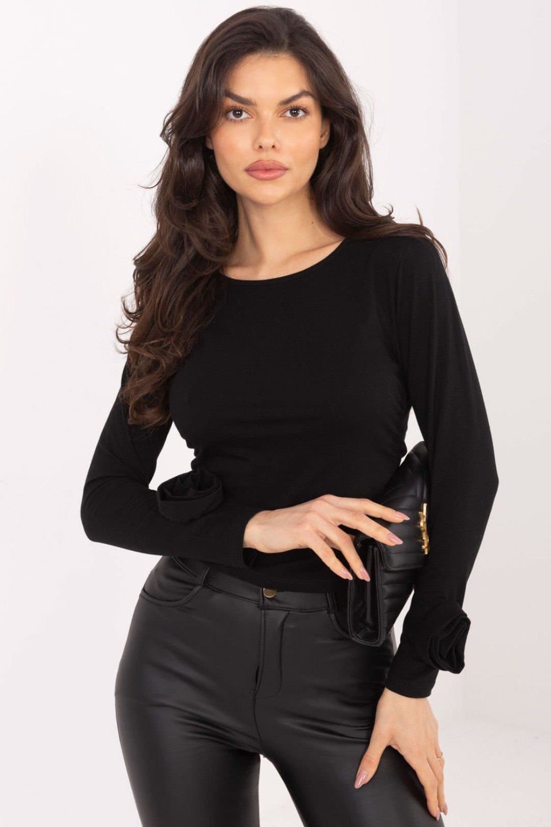 Love Lace Love Lace Black Cotton Long Sleeve Blouse with Flower Detail