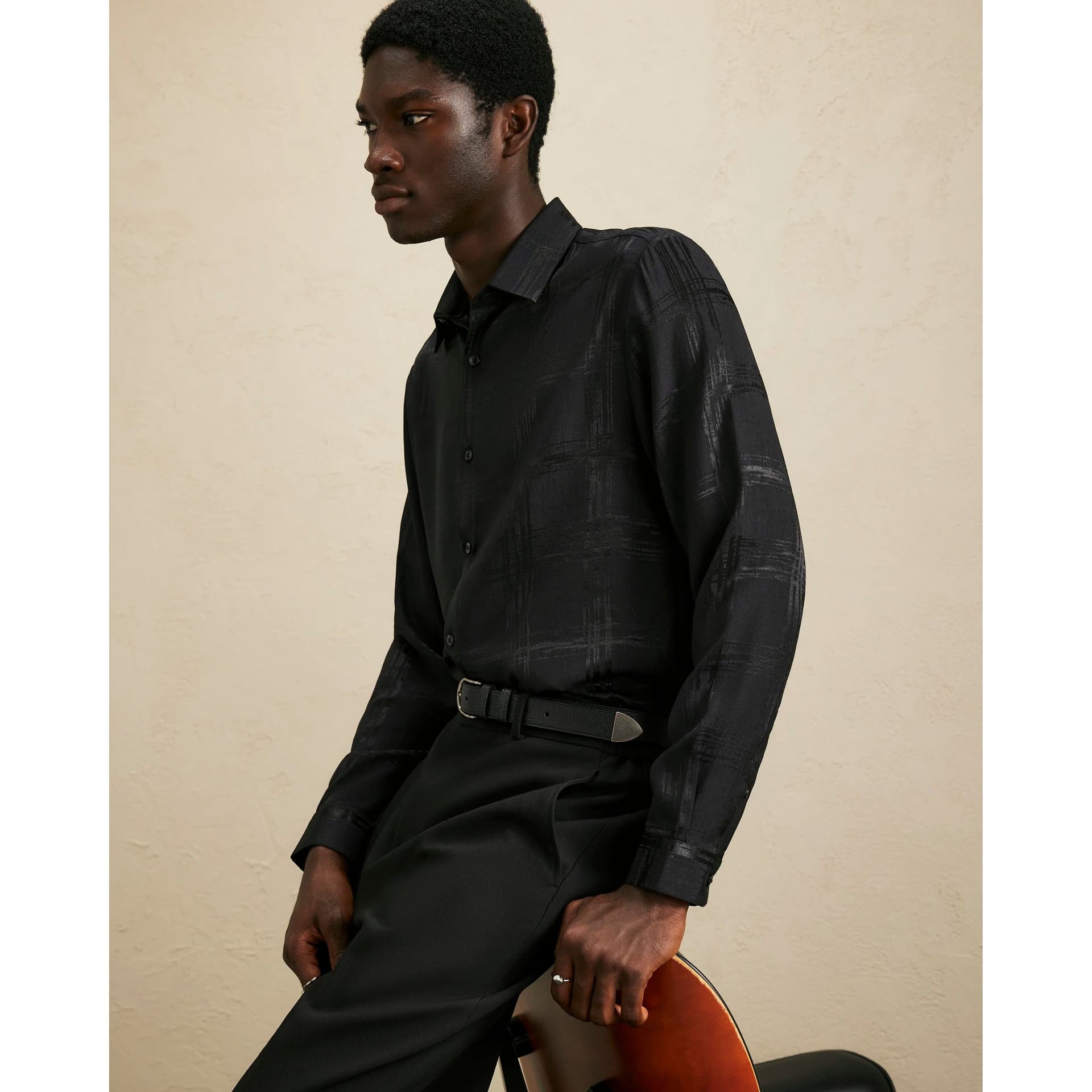 River Island Mens River Island Black Slim Check Jacquard Shirt