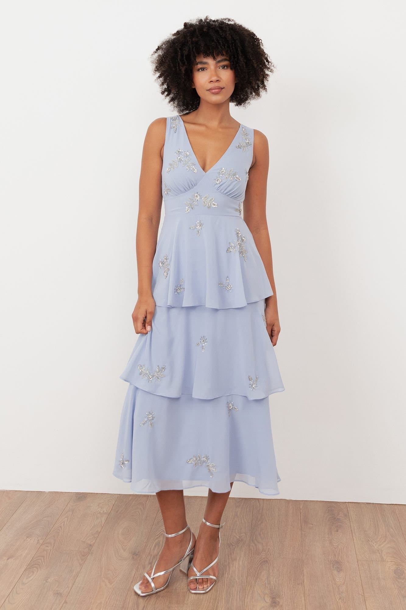 Maya Deluxe Maya Deluxe Women's Embellished Tiered Midaxi Dress in Light Blue