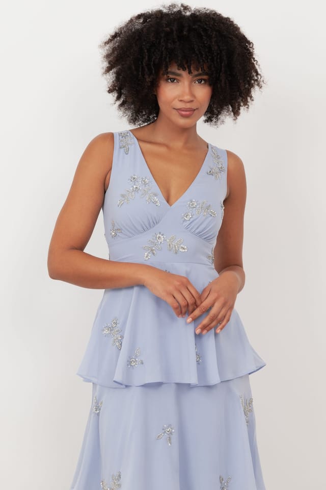 Maya Deluxe Maya Deluxe Women's Embellished Tiered Midaxi Dress in Light Blue - 3