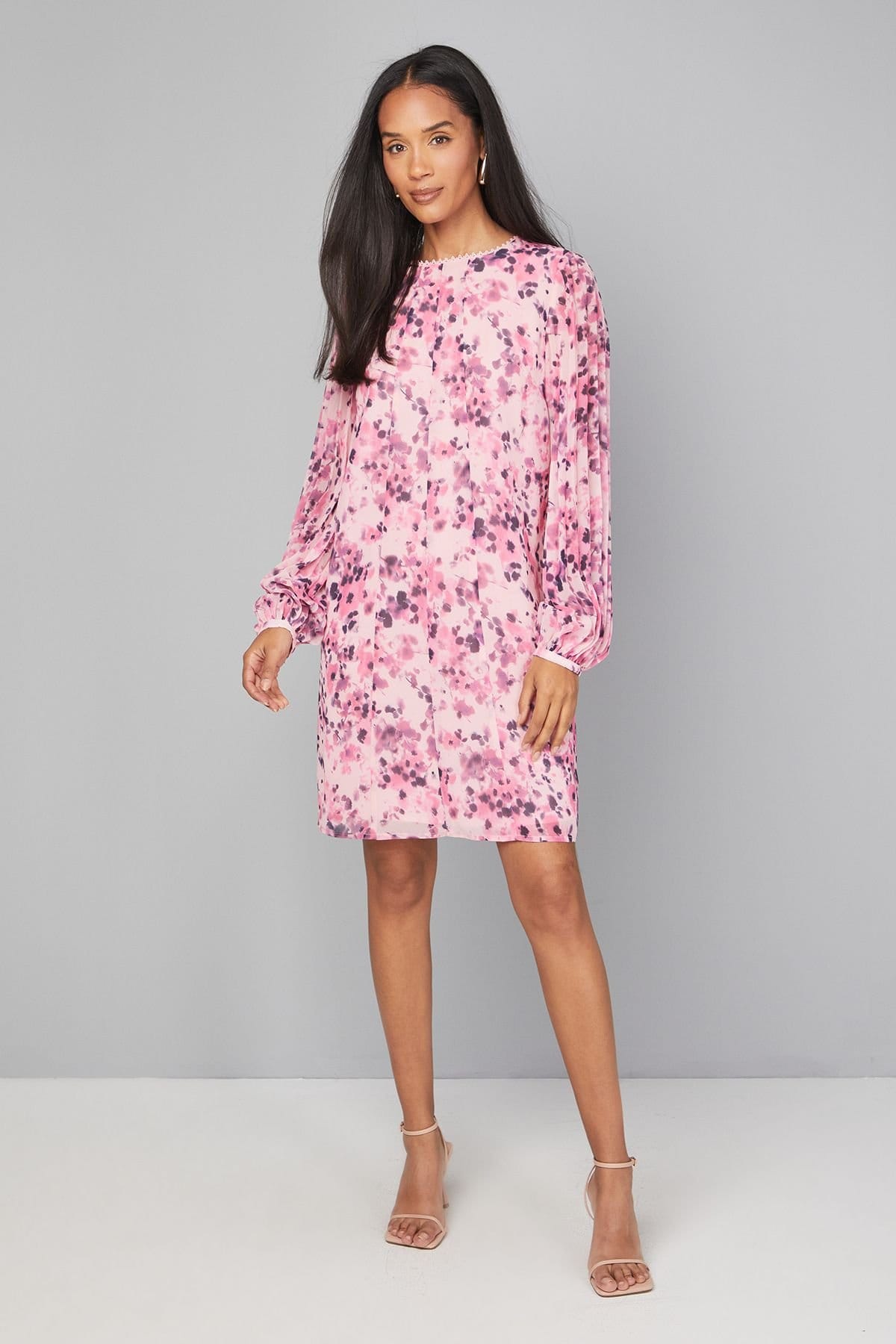 Wallis Women's Pleated Sleeve Lace Trim Shift Dess in Pink