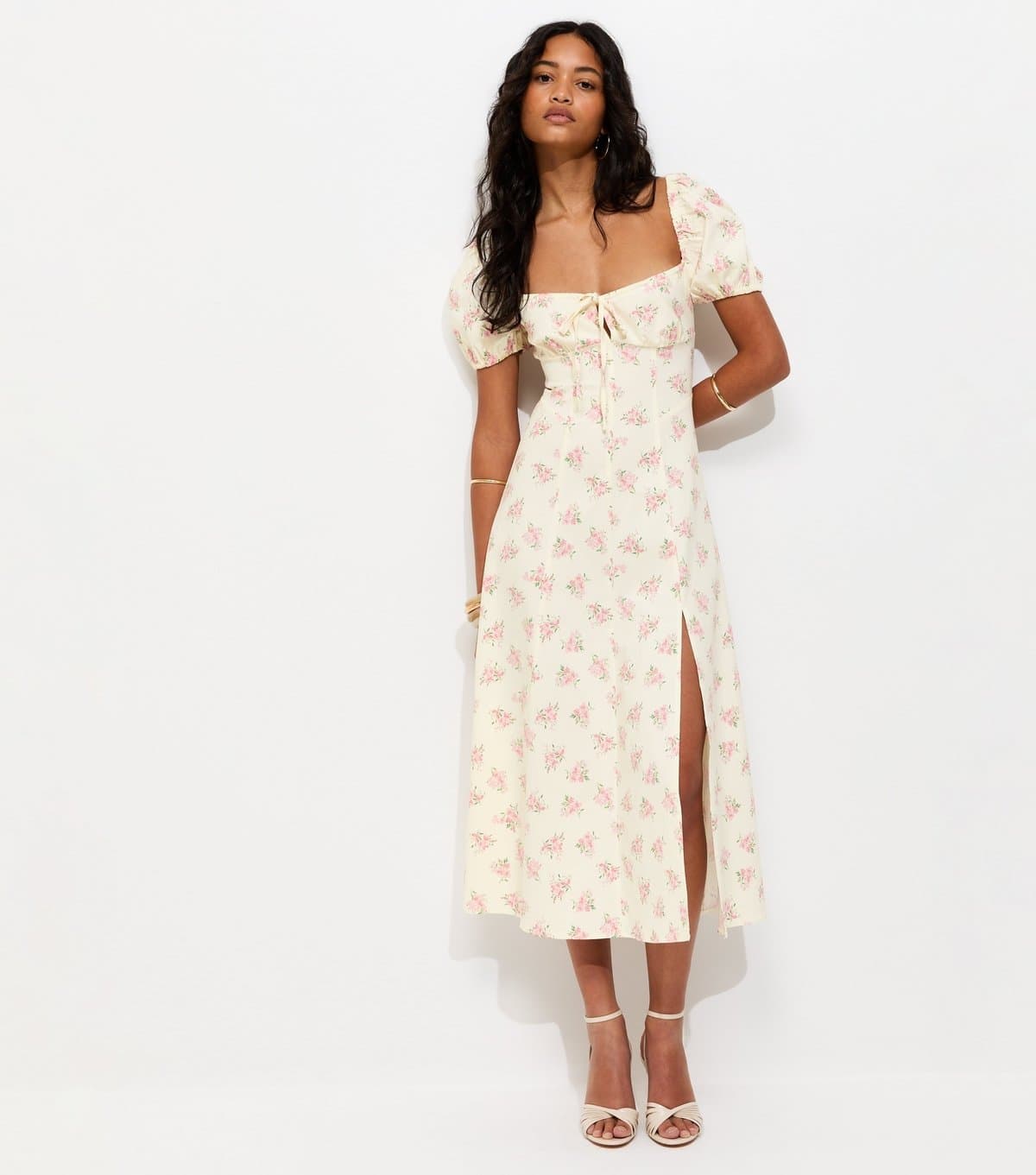 New Look Women's White Mini Bouquet Milkmaid Midi Dress New Look