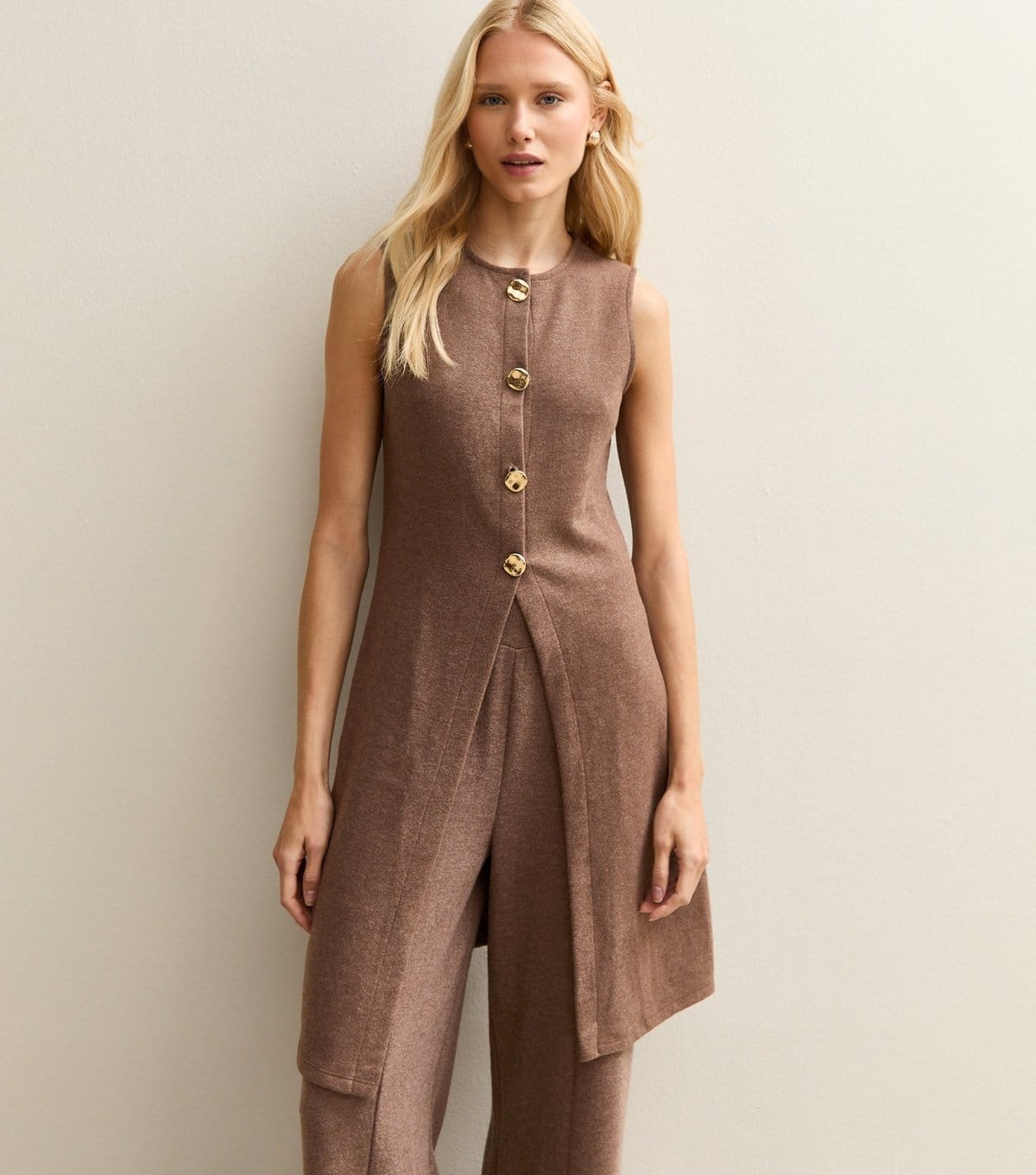 Women's Brown Soft Touch Longline Button Up Waistcoat New Look