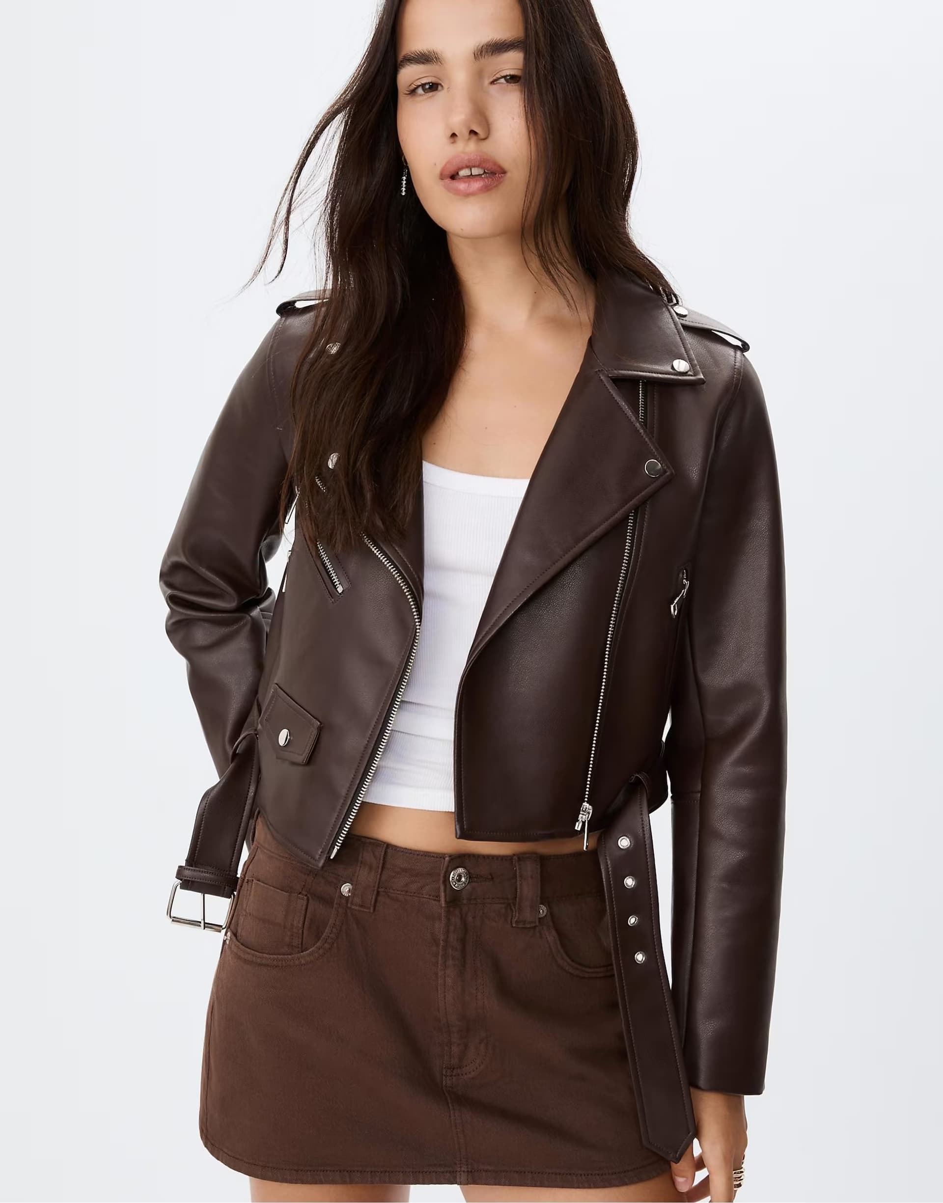 ASOS Stradivarius Faux leather biker jacket with belt in brown