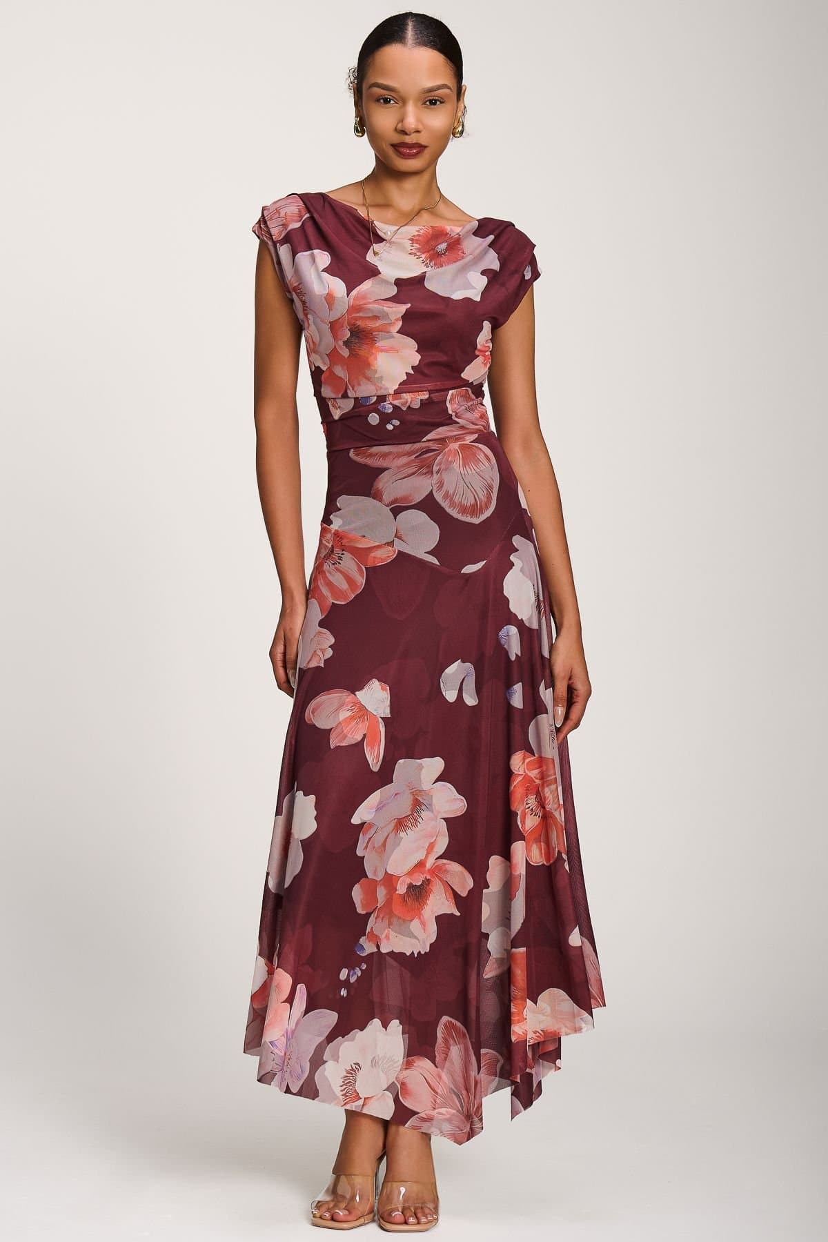 Jolie Moi Jolie Moi Women's Asymmetrical Draped Mesh Maxi Dress in Burgundy