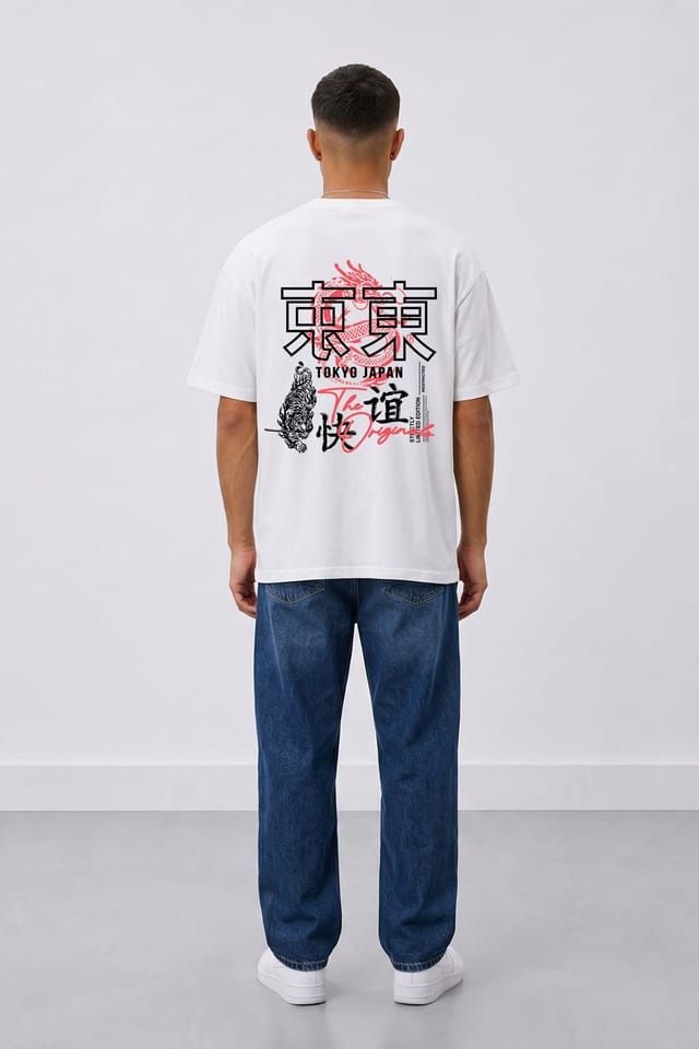 LONDON ATTITUDE LONDON ATTITUDE Men's Tokyo Dragon Oversized Heavyweight Cotton White T-Shirt - 3