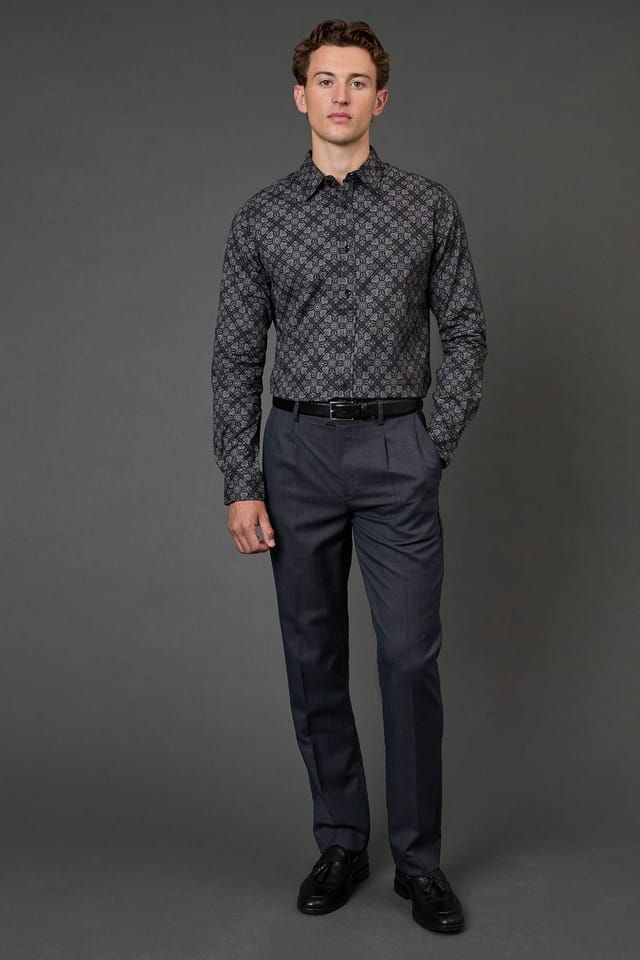 Burton Burton Men's Black Tile Print Slim Fit Long Sleeve Shirt - 2