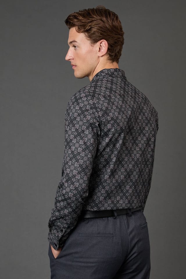Burton Burton Men's Black Tile Print Slim Fit Long Sleeve Shirt - 3