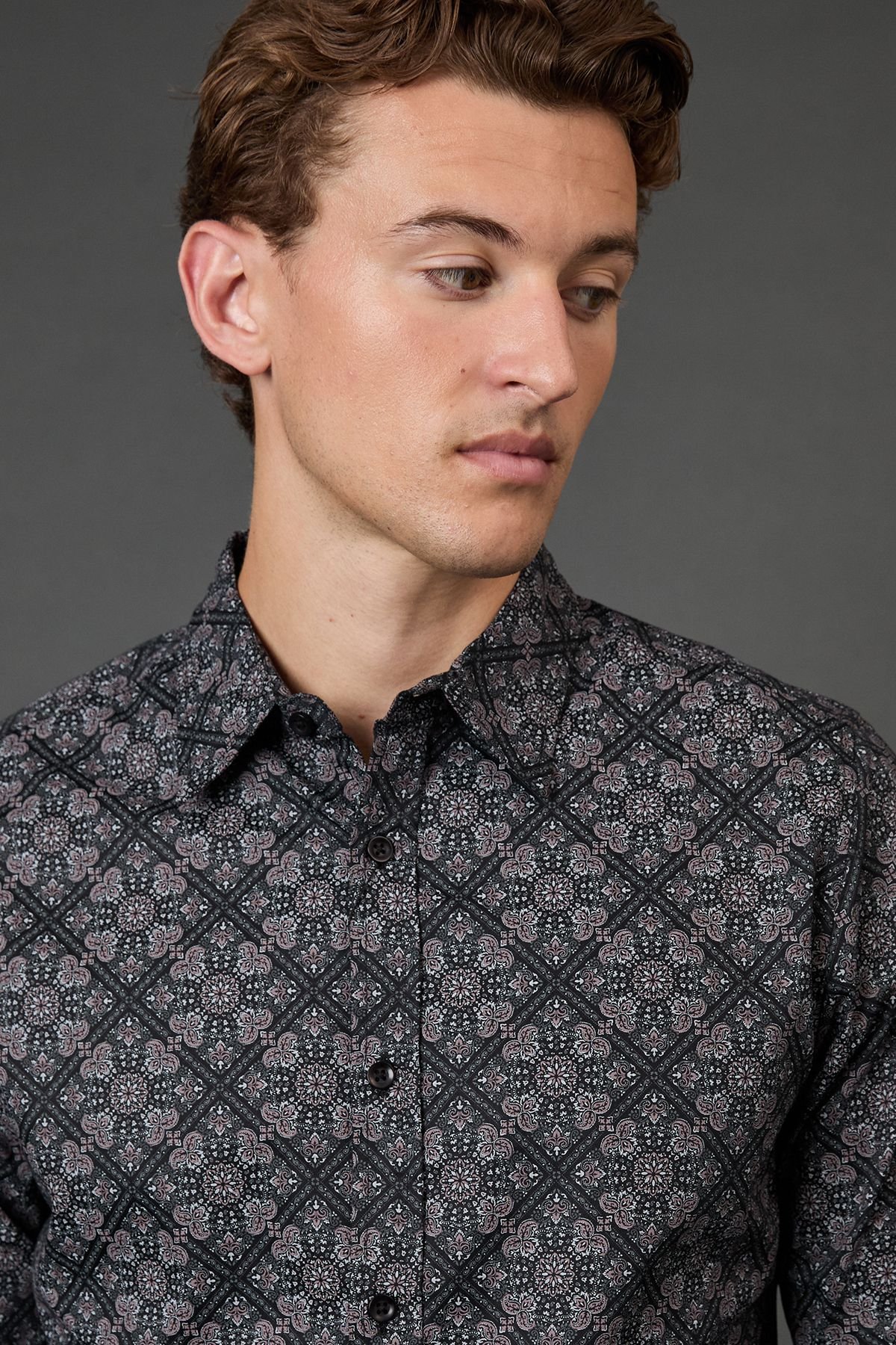 Burton Burton Men's Black Tile Print Slim Fit Long Sleeve Shirt - 4
