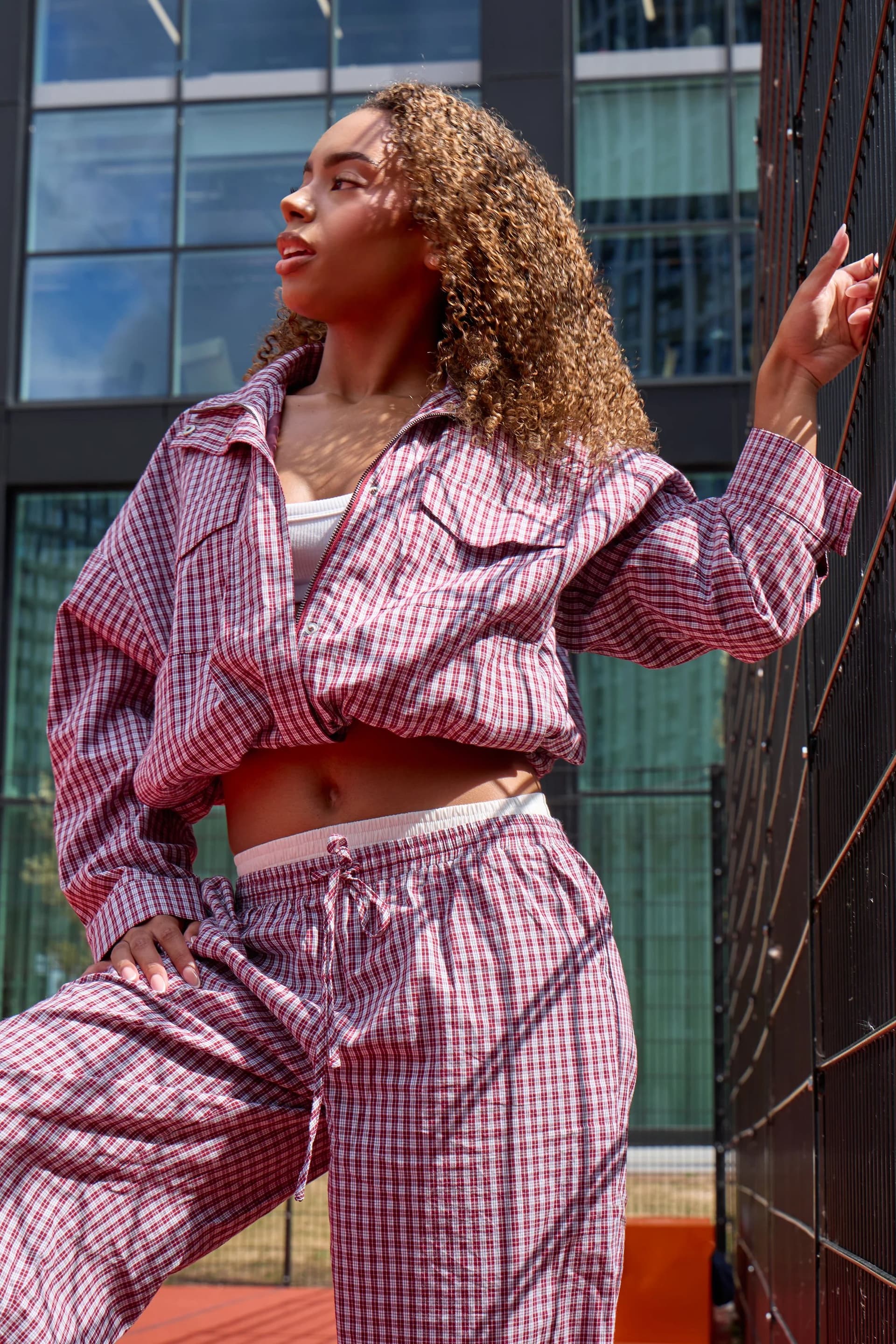 Kaiia Kaiia Woven Check Funnel Neck Jacket Deep Red