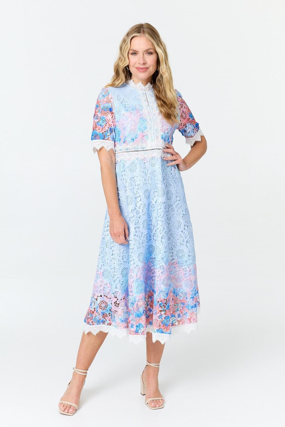 Izabel London Izabel London Women's Floral Lace Trim 1/2 Sleeve Midi Dress in Blue