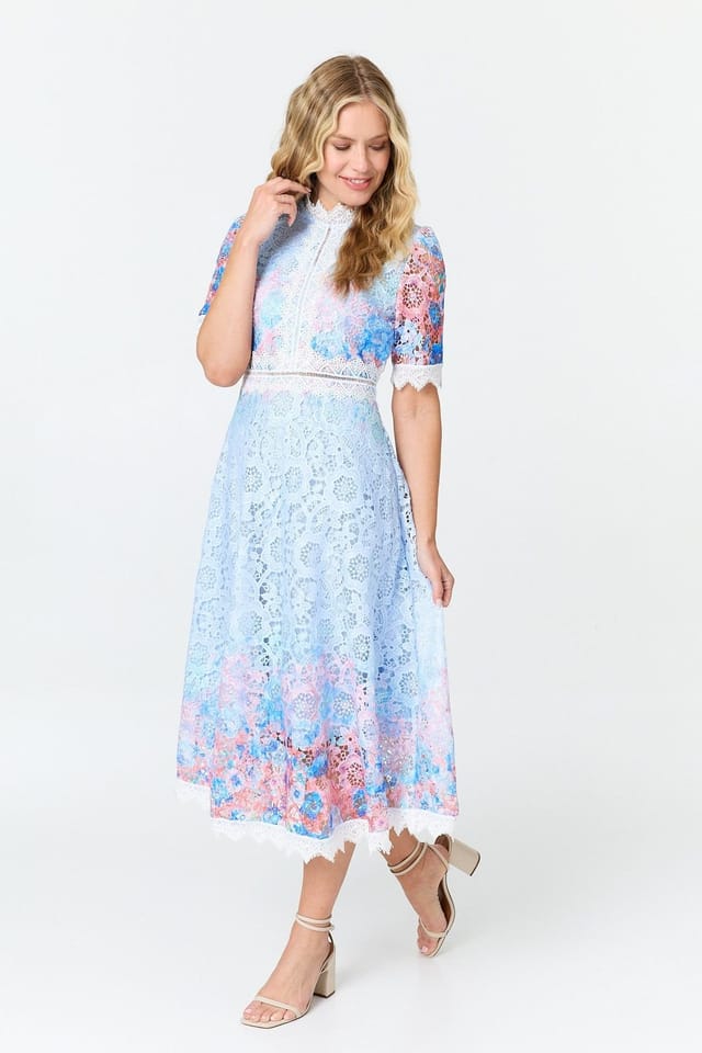 Izabel London Izabel London Women's Floral Lace Trim 1/2 Sleeve Midi Dress in Blue - 2