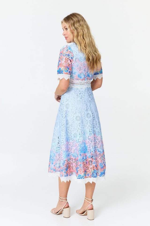 Izabel London Izabel London Women's Floral Lace Trim 1/2 Sleeve Midi Dress in Blue - 3