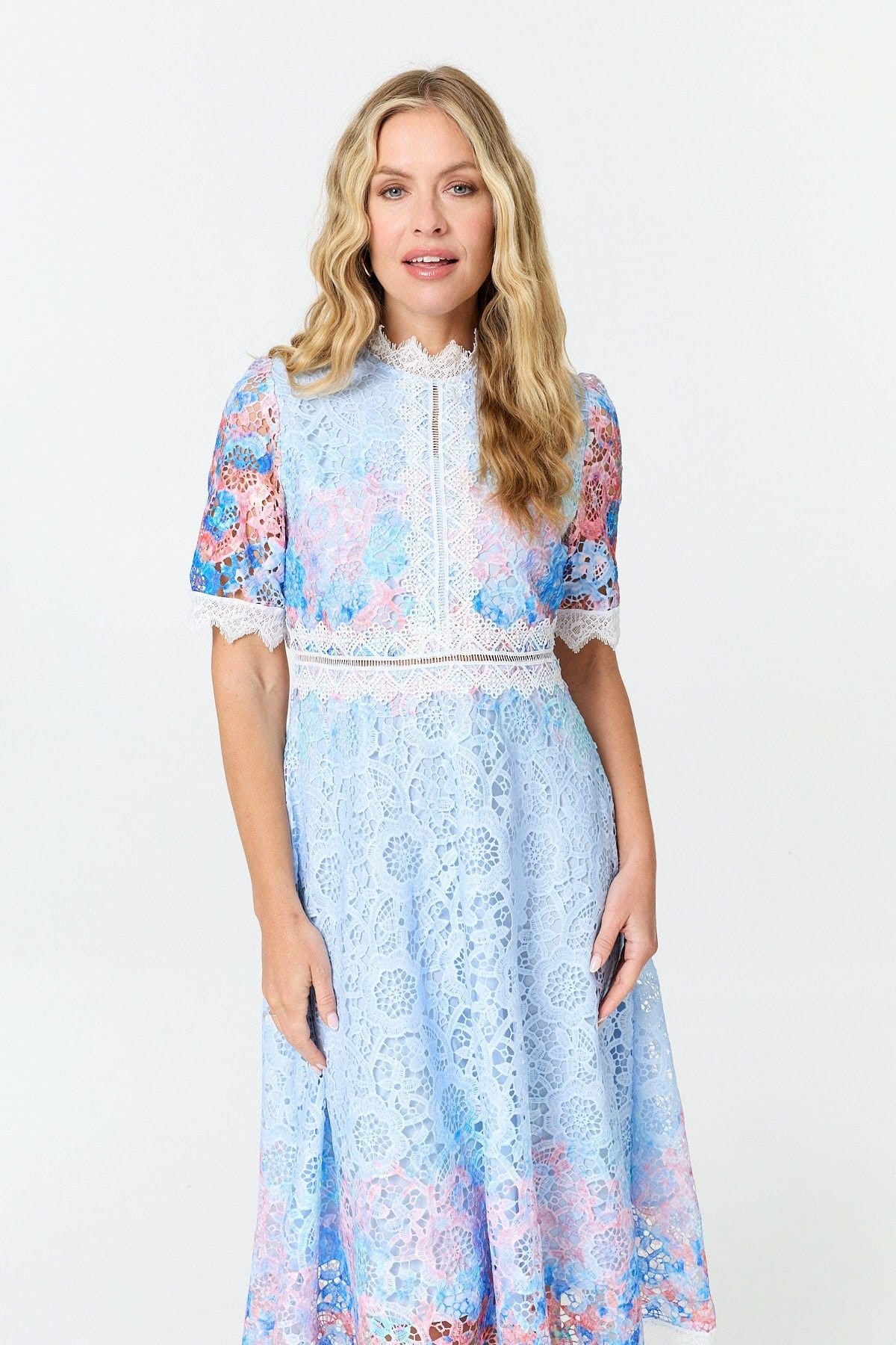 Izabel London Izabel London Women's Floral Lace Trim 1/2 Sleeve Midi Dress in Blue - 4