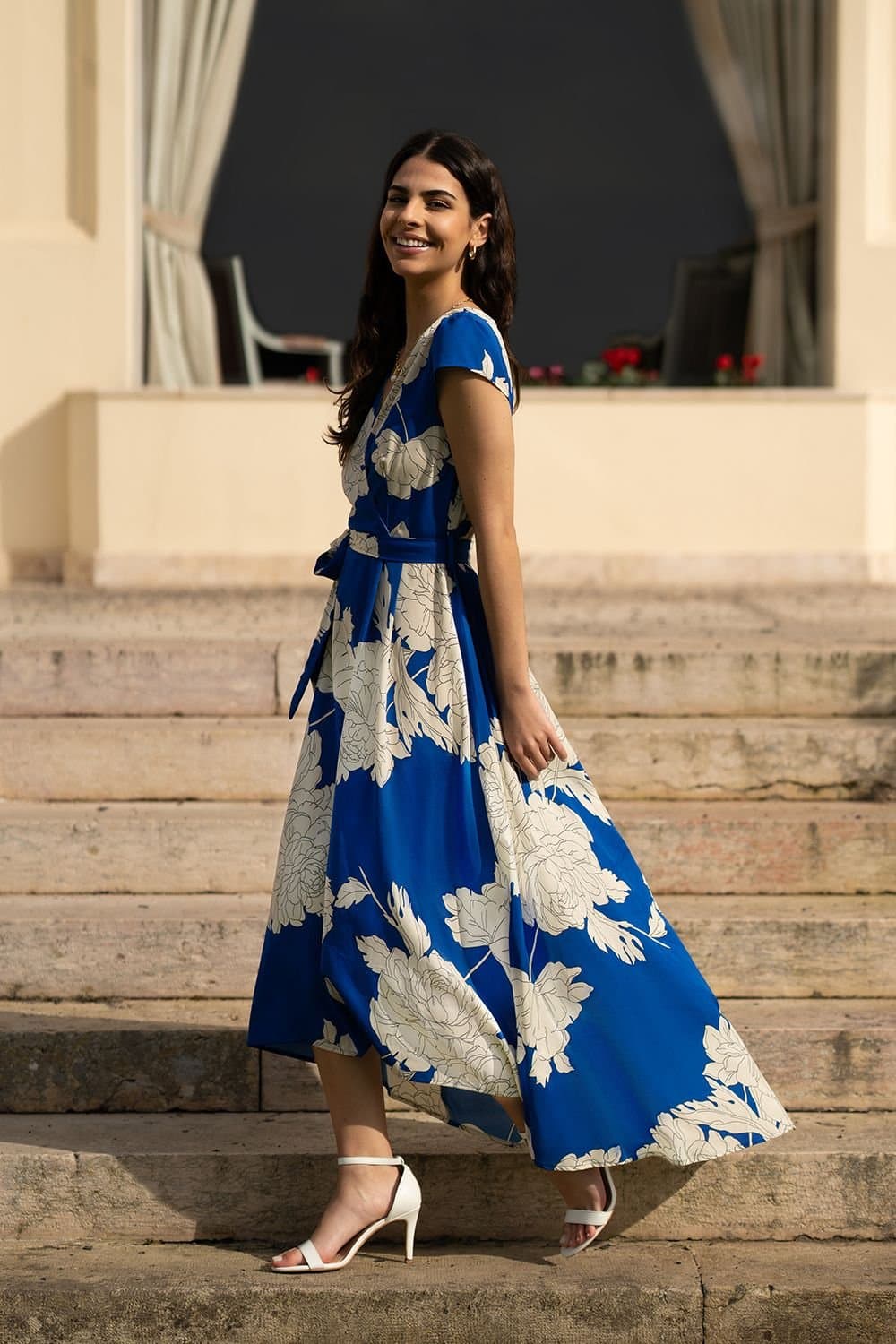Yumi Yumi Women's Blue Blossom Print Wrap Midi With Dipped Hem