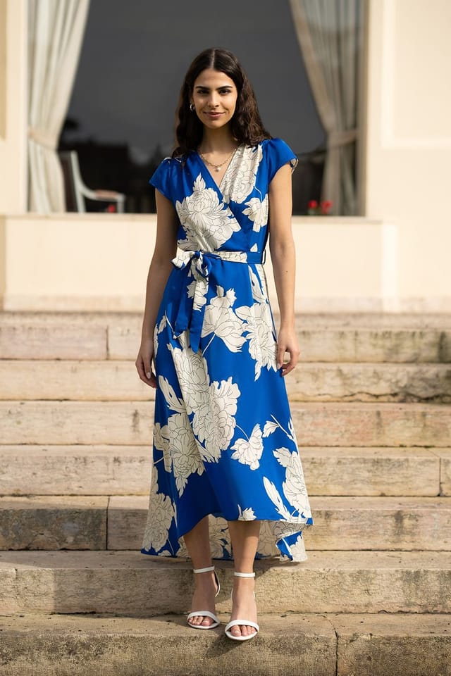 Yumi Yumi Women's Blue Blossom Print Wrap Midi With Dipped Hem - 2