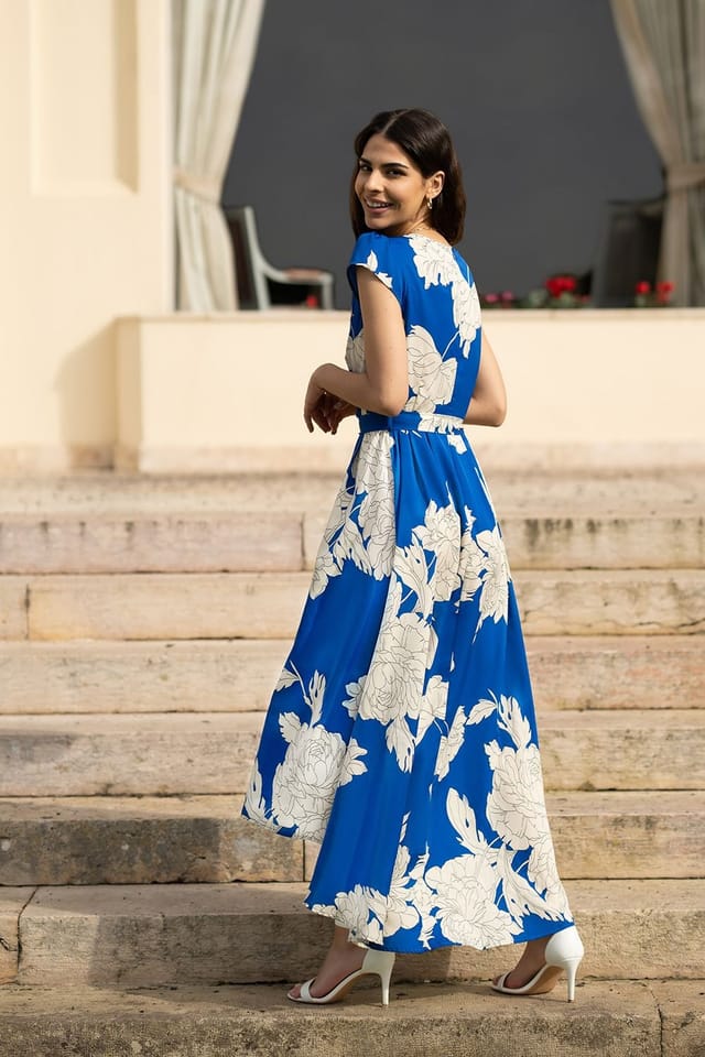 Yumi Yumi Women's Blue Blossom Print Wrap Midi With Dipped Hem - 3