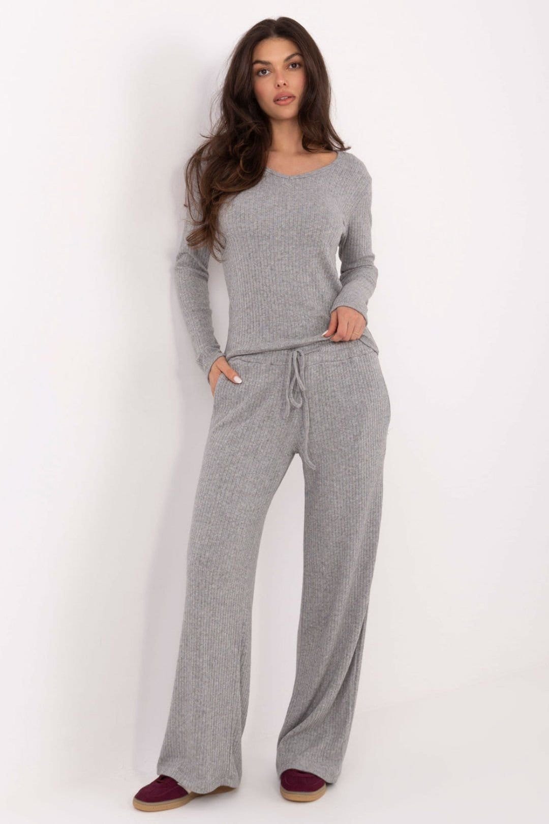Love Lace Grey Knit High Waist Wide Leg Trousers