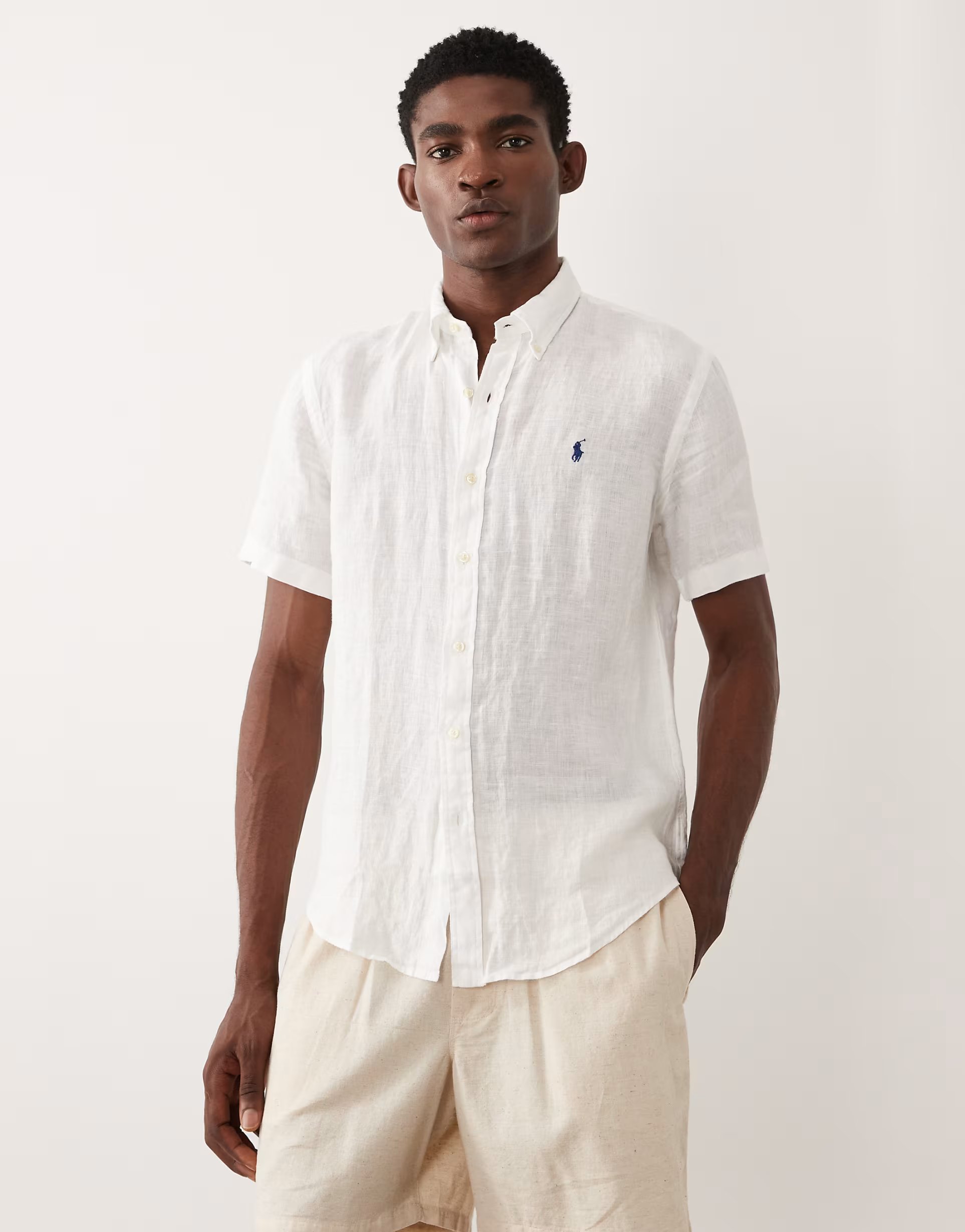 ASOS Polo Ralph Lauren icon logo linen short sleeve shirt in white - 1