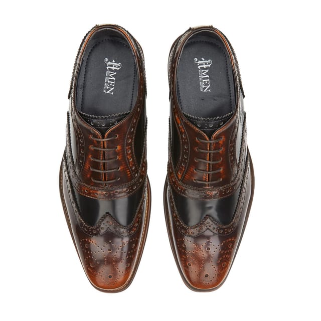 Amen Shoes Amen Shoes Men's Athlone Leather Two Tone Brushed Hi Shine Brogue Shoes in Brown - 3