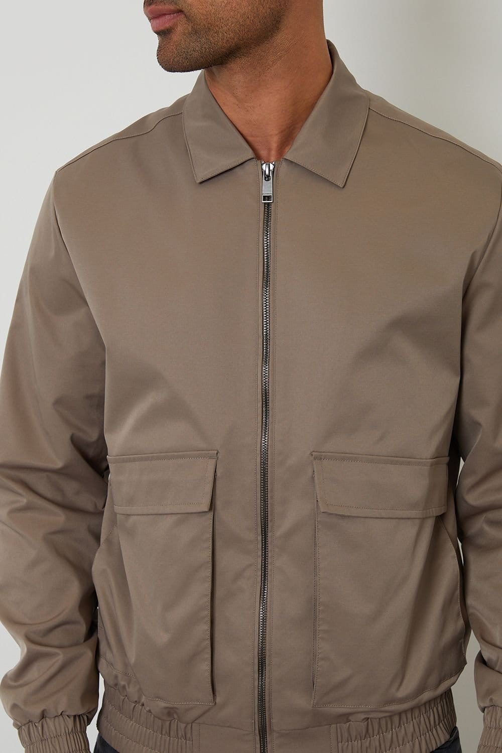 Threadbare Threadbare Men's Showerproof Patch Pocket Zip Up Jacket in Taupe - 4