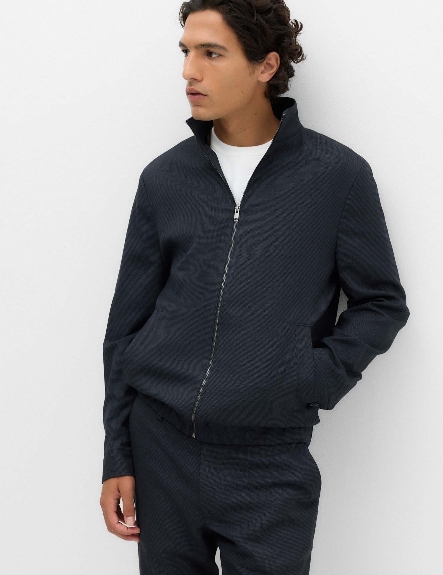 Marks & Spencer M&S Regular Fit Pindot Funnel Neck Jacket Navy